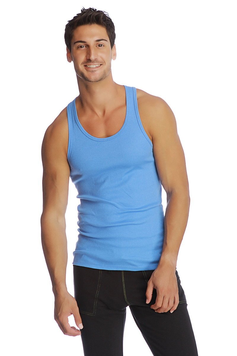 A light blue sleeveless fitted tank top with rounded neckline in edge sustain fabric called ice color