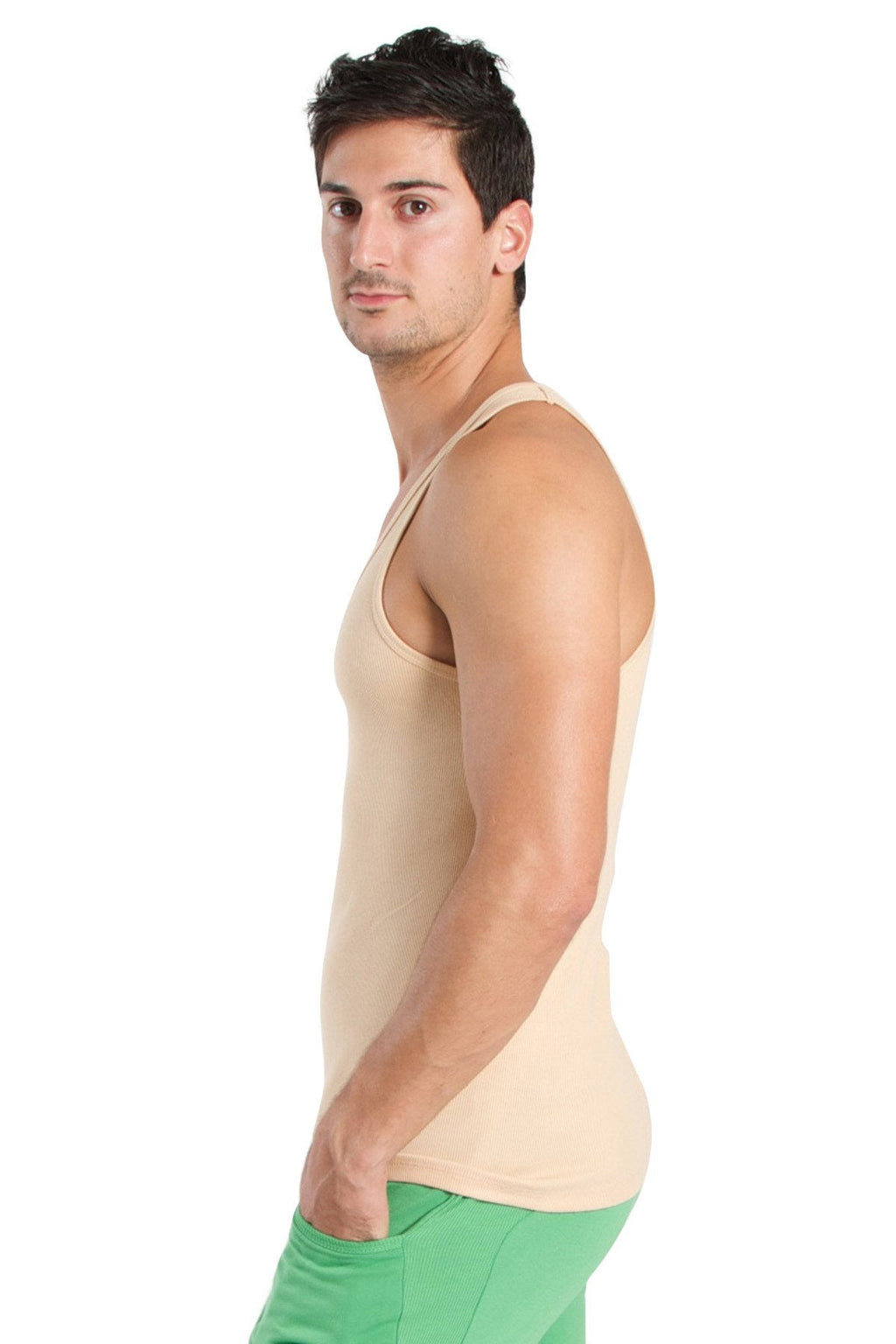 Beige sleeveless fitted tank top with thin straps made from sustainable fabric edge sustain tank top sand beige