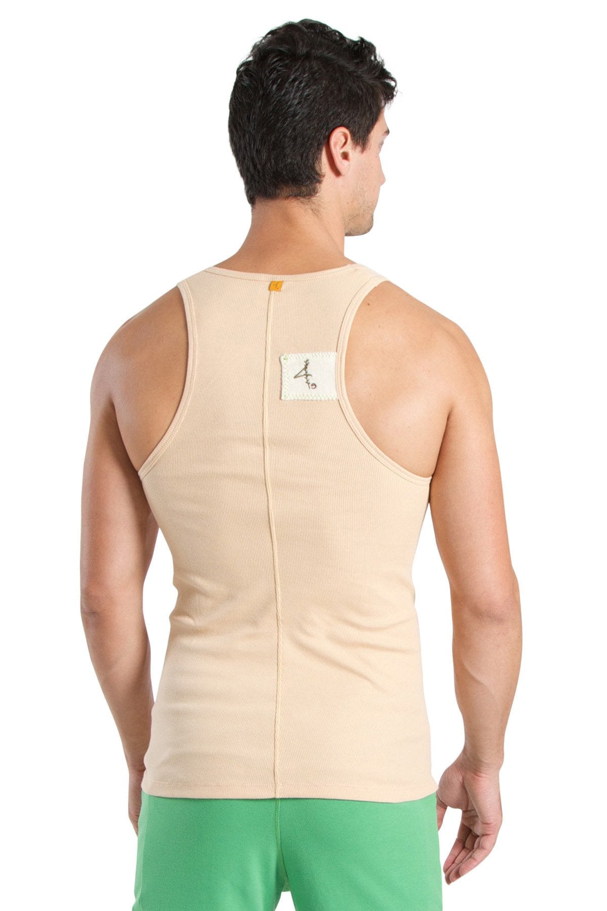 Beige ribbed cotton edge sustain tank top back side with central zipper and small white label in sand beige