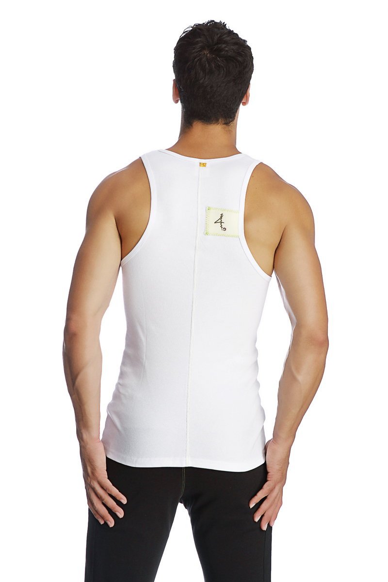 White sleeveless edge sustain tank top with central back zipper and small label on upper back designed for athletics