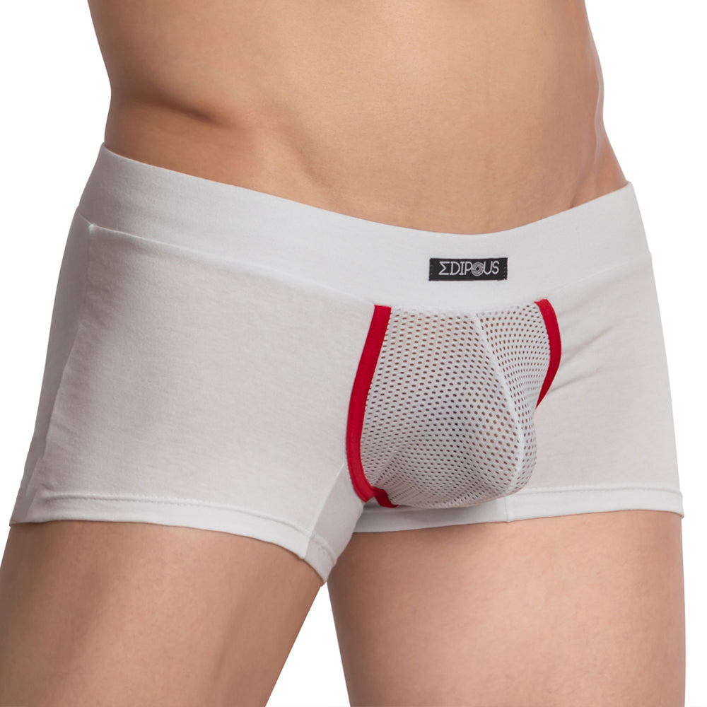 White men’s briefs with red trim and mesh panel featuring edipous brand label in edipous edg032 boxer trunk design
