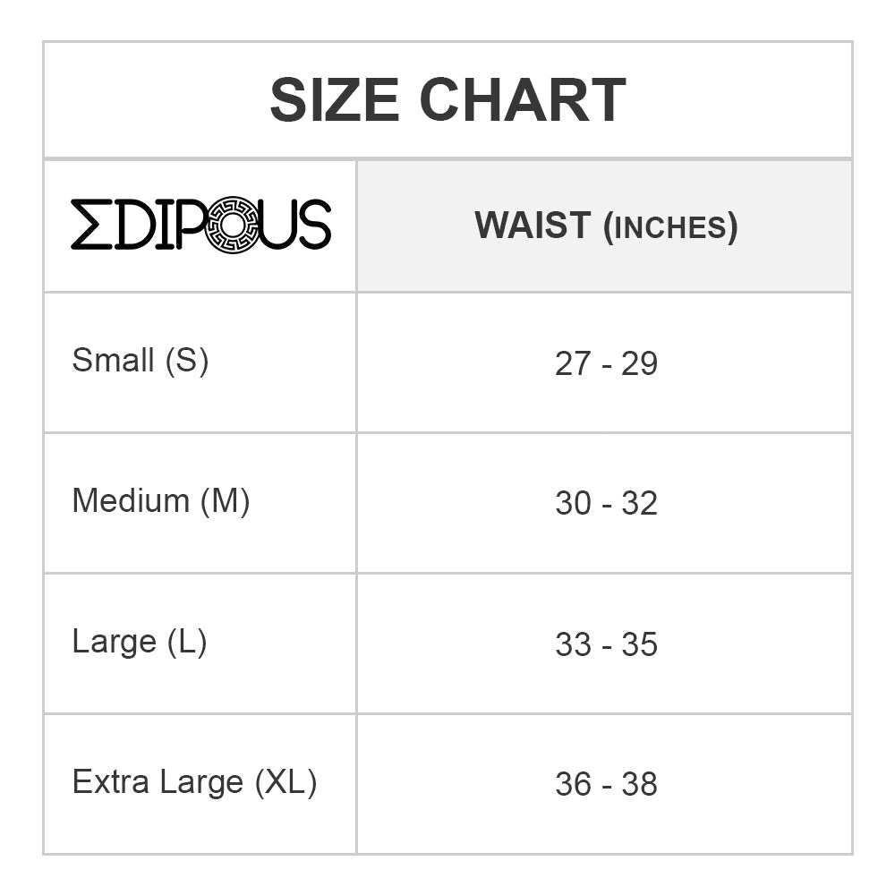 Edipous EDG032 boxer trunk size chart showing waist measurements in inches for a comfortable fit