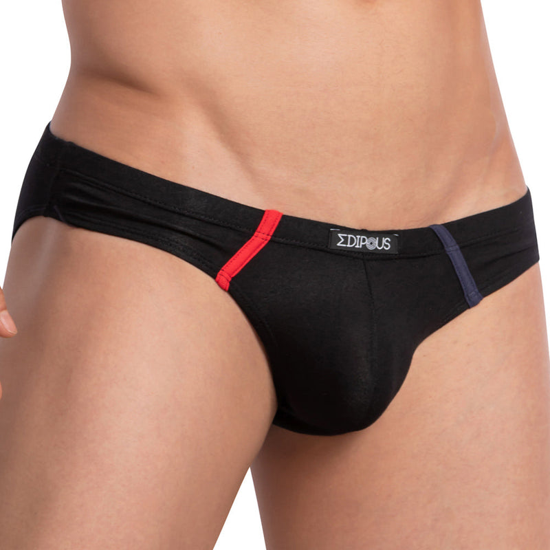 Black men’s briefs edipous EDJ017 with red and navy trim and edipous brand label on the waistband