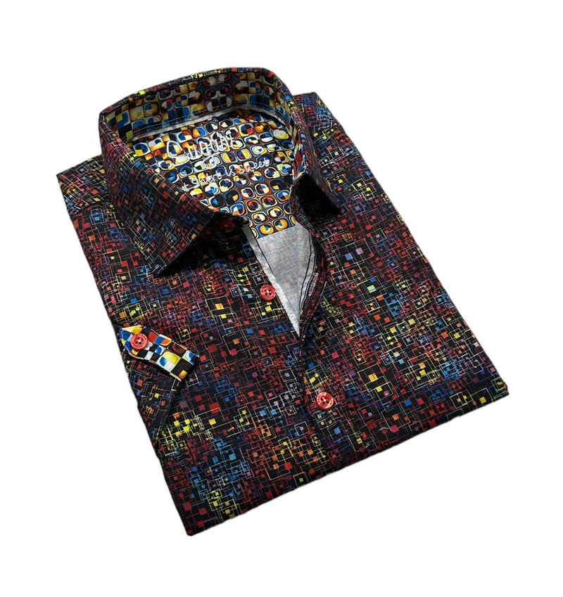 Elora S/S buttondown vibrant men’s dress shirt with black base and colorful red yellow blue green geometric patterns