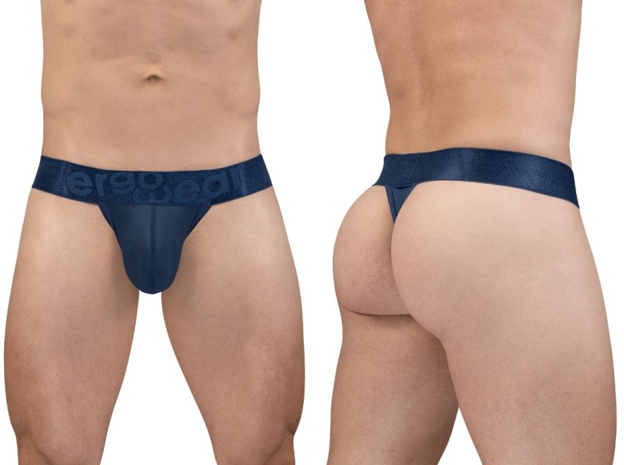 Navy blue sheer mesh thong with wide elastic waistband featuring debossed eregg branding for bold style