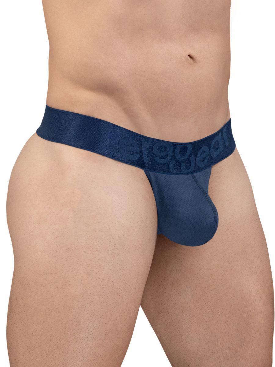 Navy blue sheer mesh jockstrap with solid fabric waistband and ergo wear logo in ergo wear ew1812 max bold se g-string