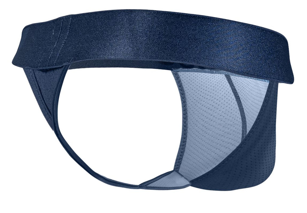 Navy blue ergewear ew1812 max bold se g-string with gray mesh inner panel athletic supporter front view