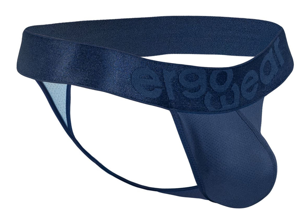 Navy blue ergonomic brief with smooth stretchy fabric and subtle embossed branding on the waistband back side