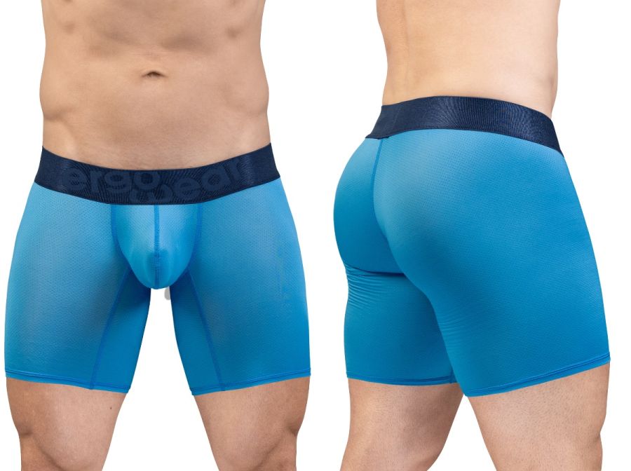Blue ergonomic boxer briefs with dark blue branded waistband from ergowear ew1823 max bold se color river blue collection