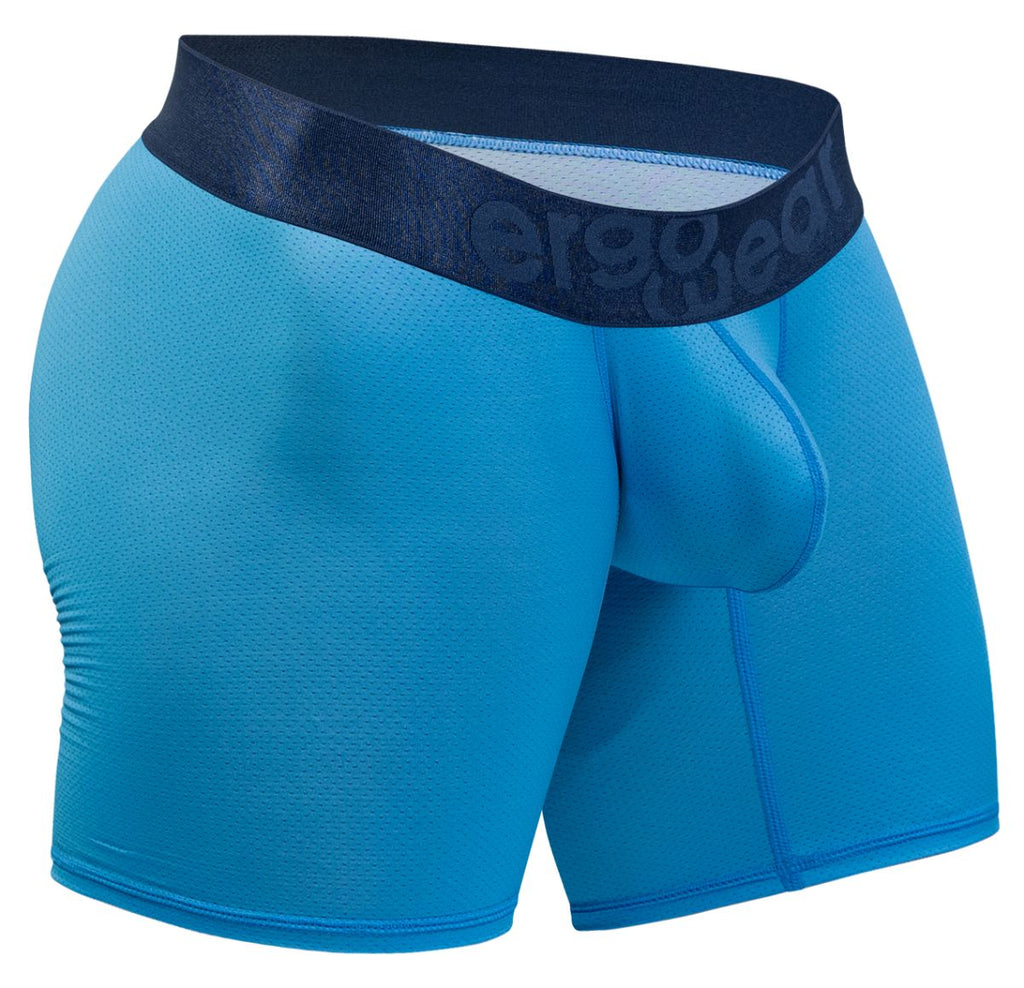 Bright blue ergonomic boxer briefs with a dark navy ergo wear waistband for maximum comfort and support