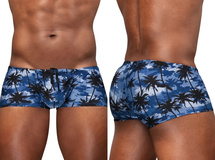 ErgoWear EW1825 feel sw dark blue swim trunks with black and blue palm tree pattern for beach and poolwear
