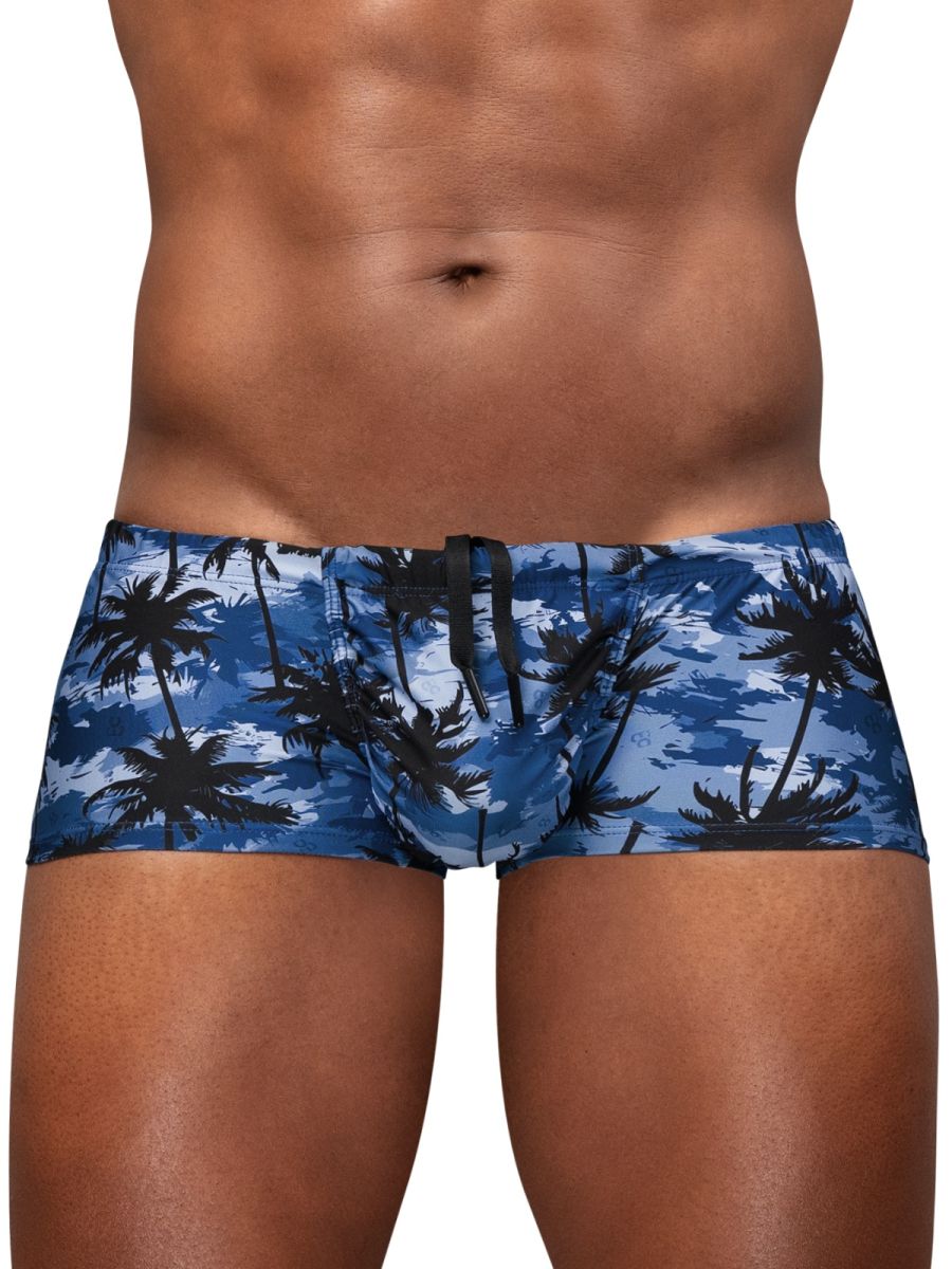 Ergowear ew1825 feel sw dark blue palms swim trunks with blue and black palm tree pattern and drawstring waistband