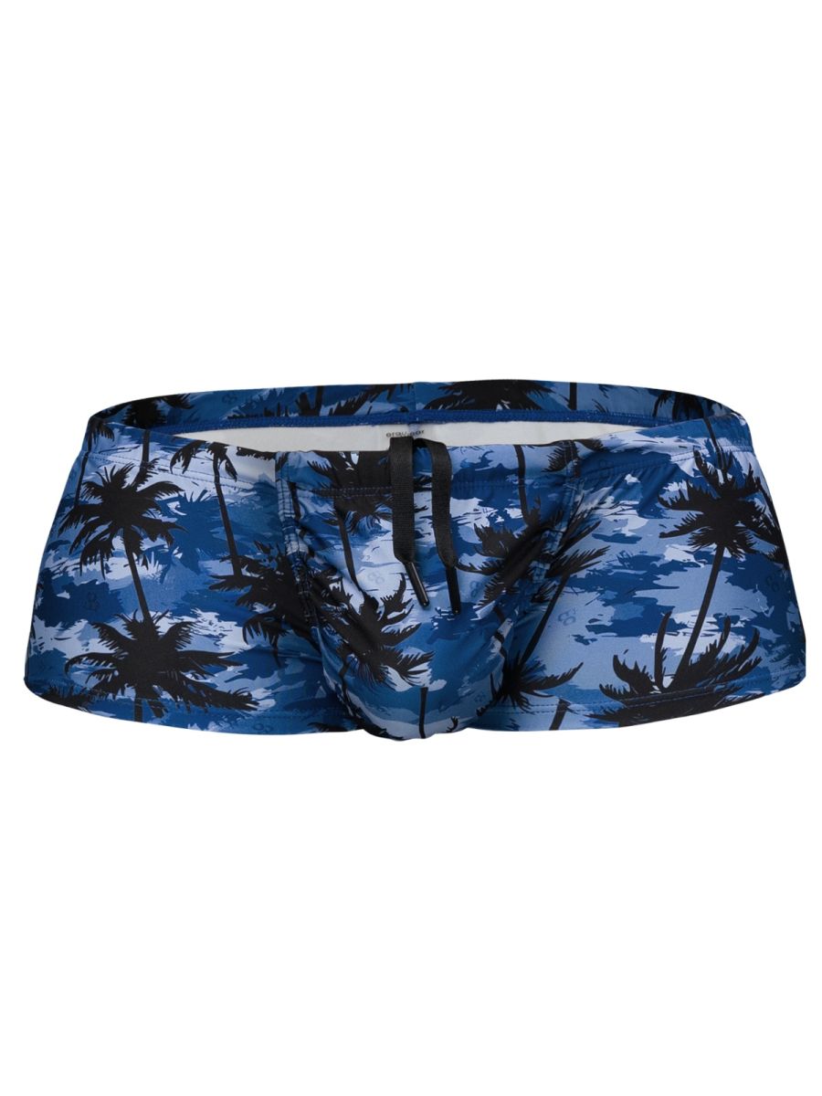 Ergowear ew1825 feel sw dark blue palms swim trunks with blue and black palm tree pattern and drawstring waistband