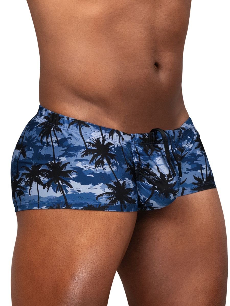 Ergowear ew1825 feel sw swim trunks in dark blue with black palm tree pattern and drawstring waistband