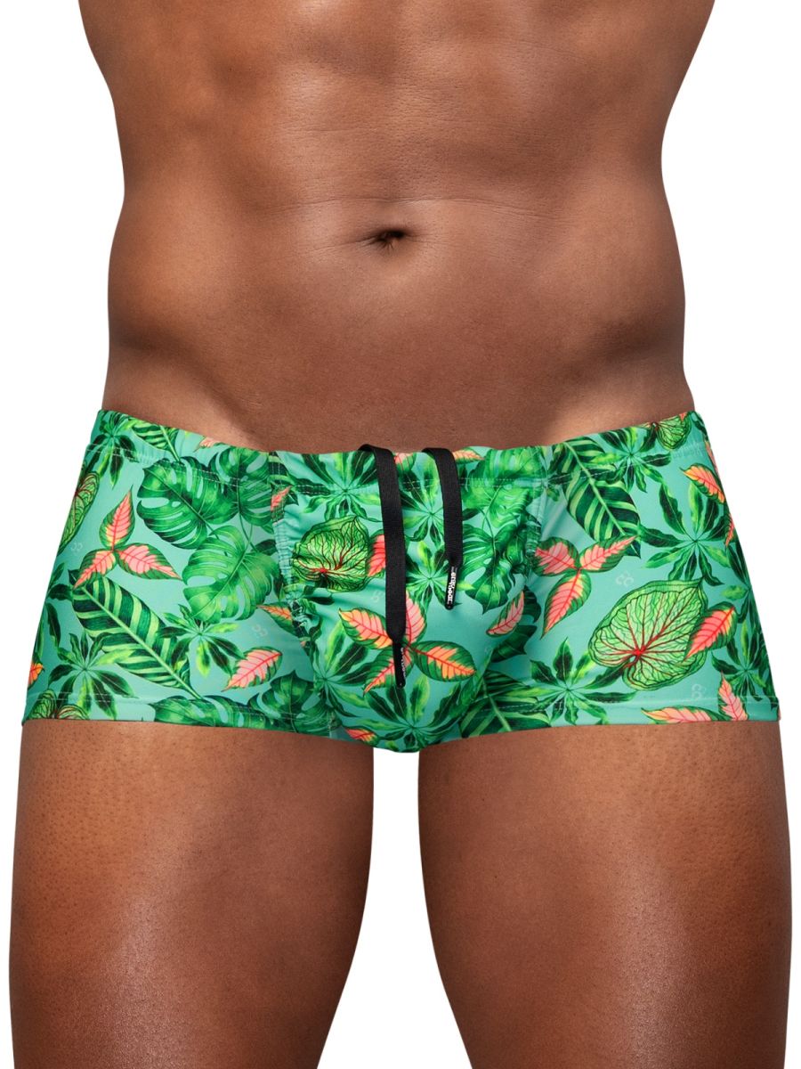 Ergowear ew1829 feel sw aqua-leaves swim trunks with green tropical leaf pattern and black drawstring closure