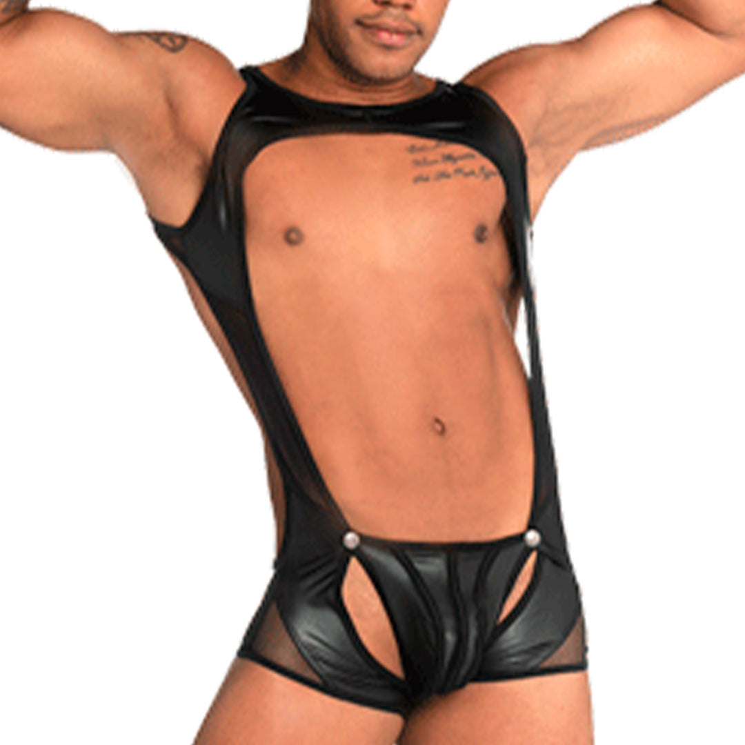 FETICHE BLACK SINGLET - Sexy one-piece bodysuit for men made of leather-like fabric, with detachable front cup.
