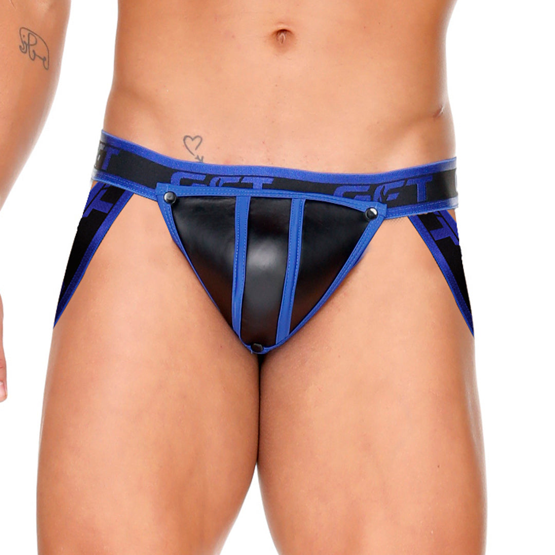 FETISH BLUE JOCKSTRAP - Sexy black leather type jockstrap for men with detachable front cup