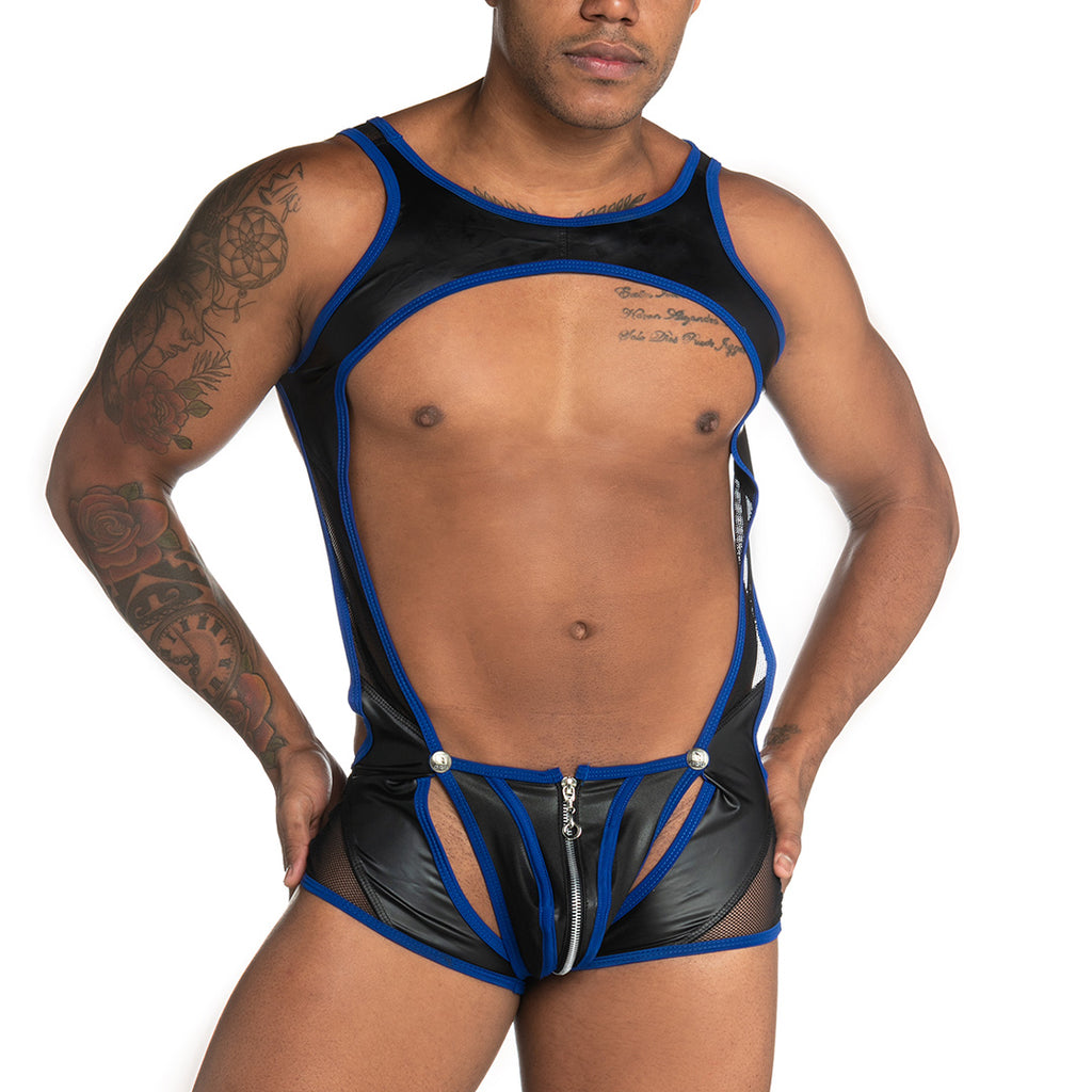 FETICHE BLUE ZIPPER SINGLET - Sexy one-piece bodysuit for men with back zipper, made of leather-like fabric and removable cup with front zipper.