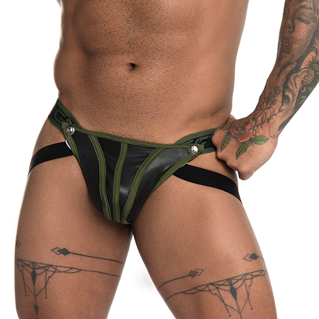 FETICHE GREEN JOCKSTRAP - Sexy black leather type jockstrap for men with detachable front cup
