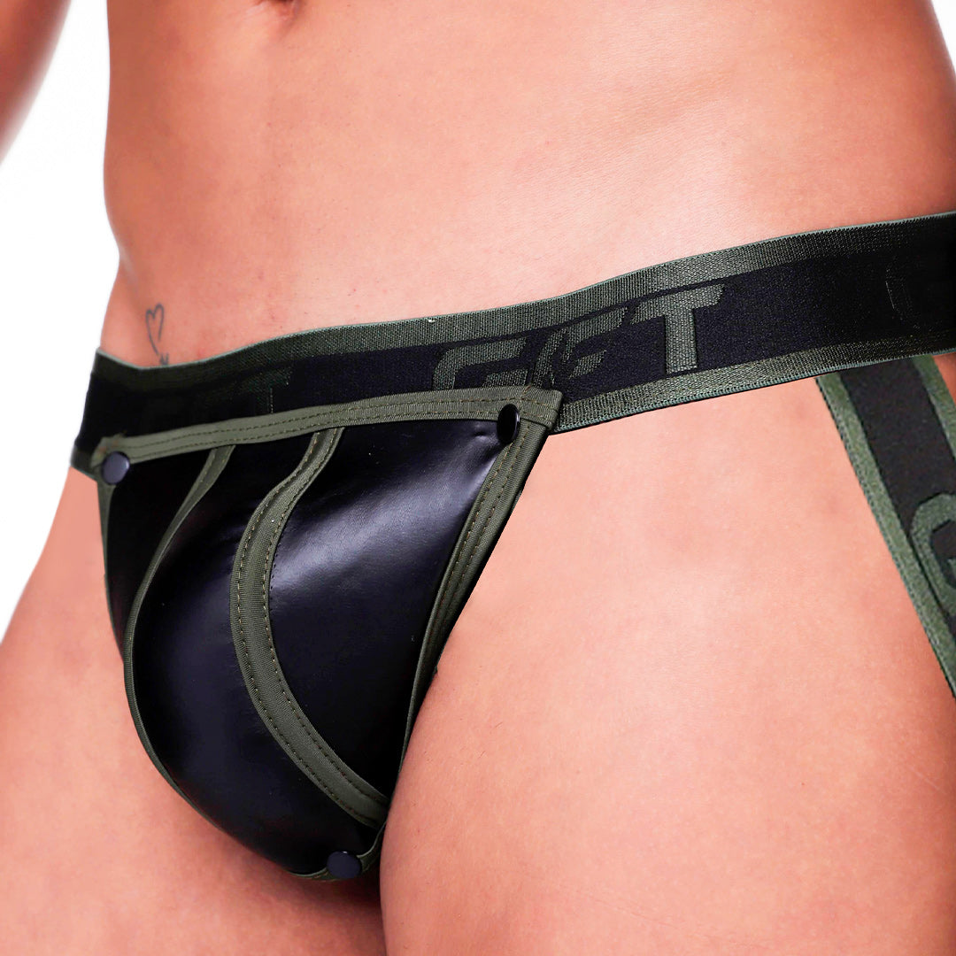 FETISH GREEN JOCKSTRAP - Sexy black leather type jockstrap for men with detachable front cup