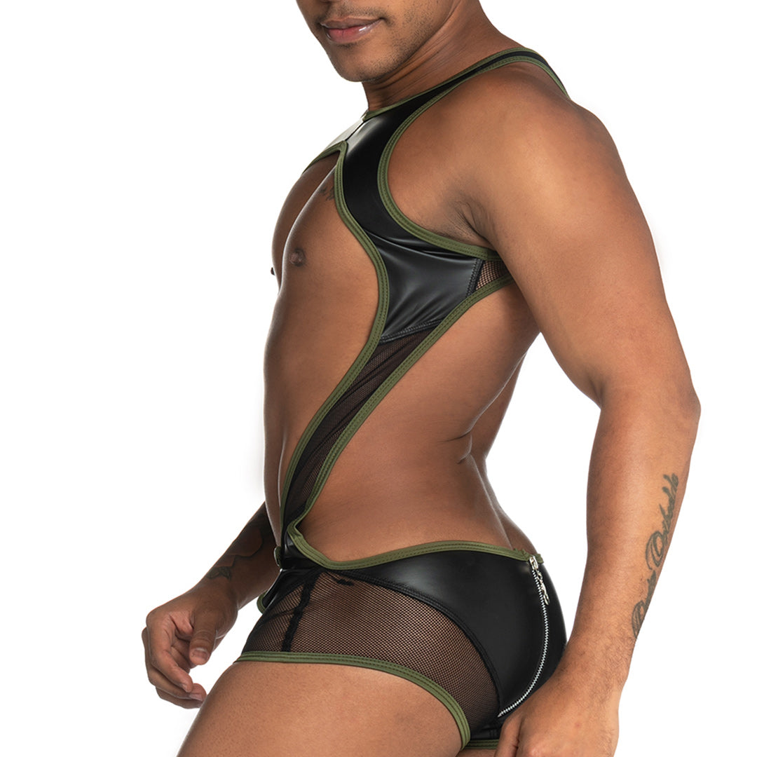 FETICHE GREEN ZIPPER SINGLET - Sexy one-piece bodysuit for men with back zipper, made of leather-like fabric and removable cup with front zipper.