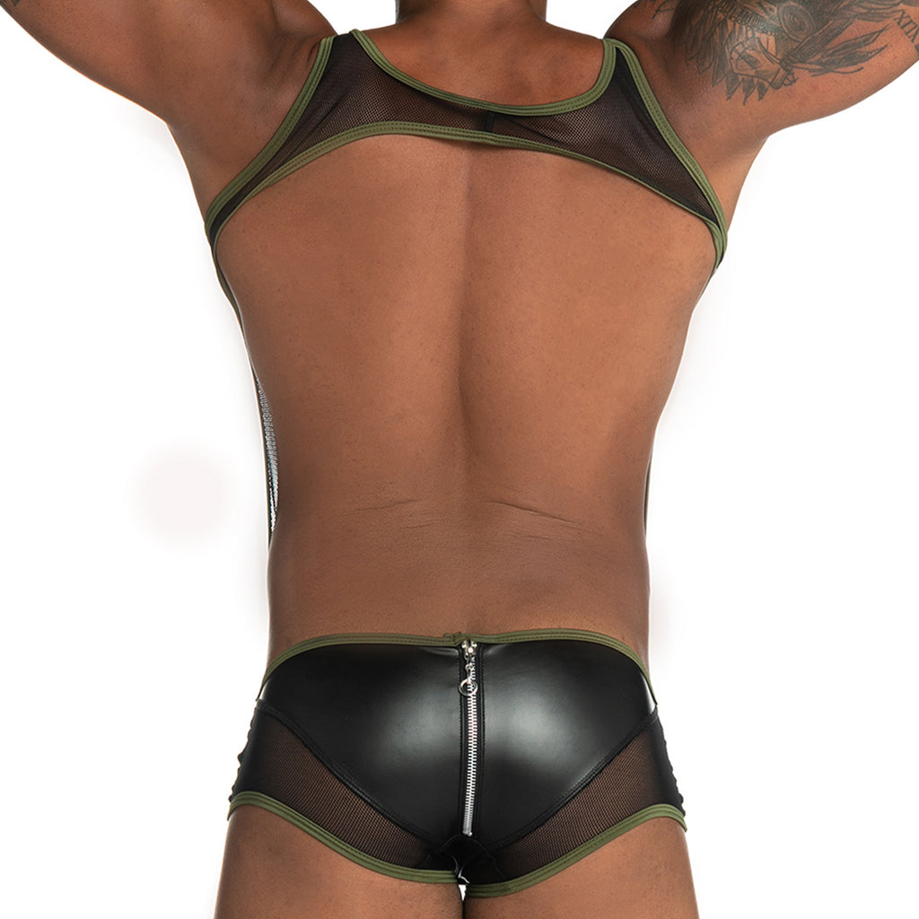 FETICHE GREEN ZIPPER SINGLET - Sexy one-piece bodysuit for men with back zipper, made of leather-like fabric and removable cup with front zipper.