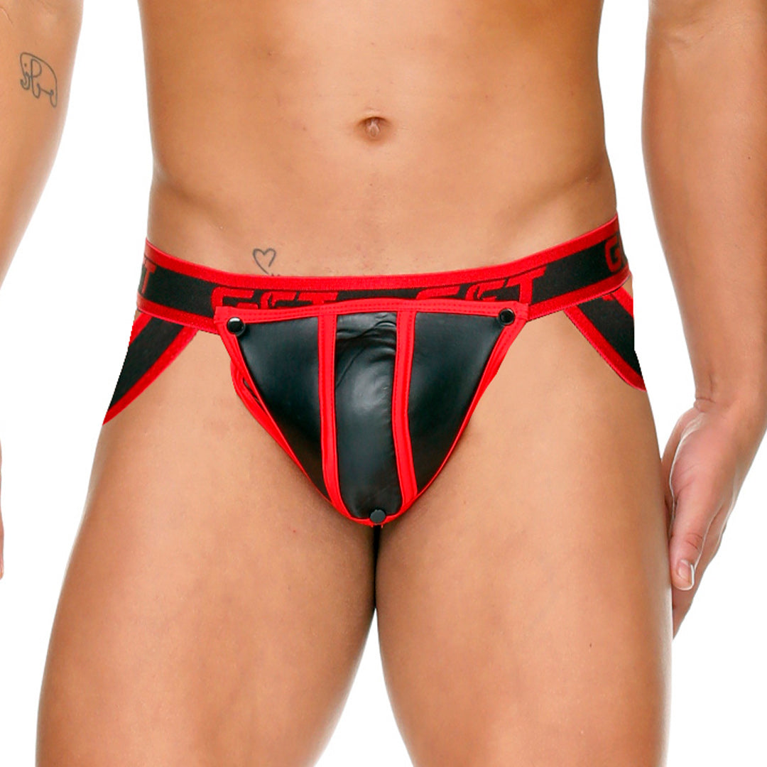 FETISH RED JOCKSTRAP - Sexy black leather type jockstrap for men with detachable front cup