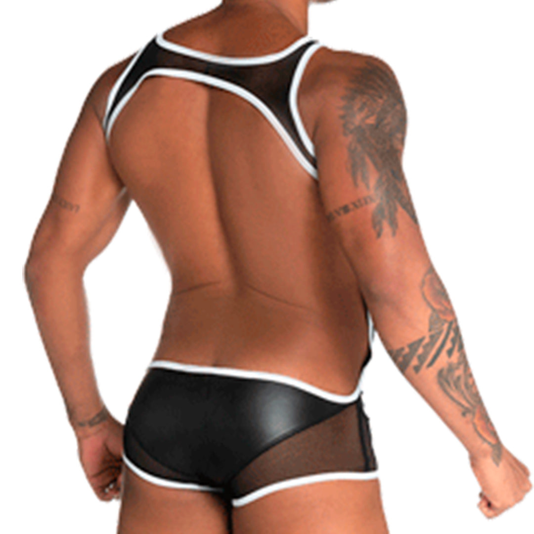 FETICHE WHITE SINGLET - Sexy one-piece bodysuit for men made of leather-like fabric, with detachable front cup.