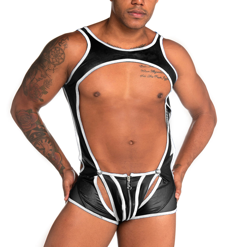 FETICHE WHITE ZIPPER SINGLET - Sexy one-piece bodysuit for men with back zipper, made of leather-like fabric and removable cup with front zipper.