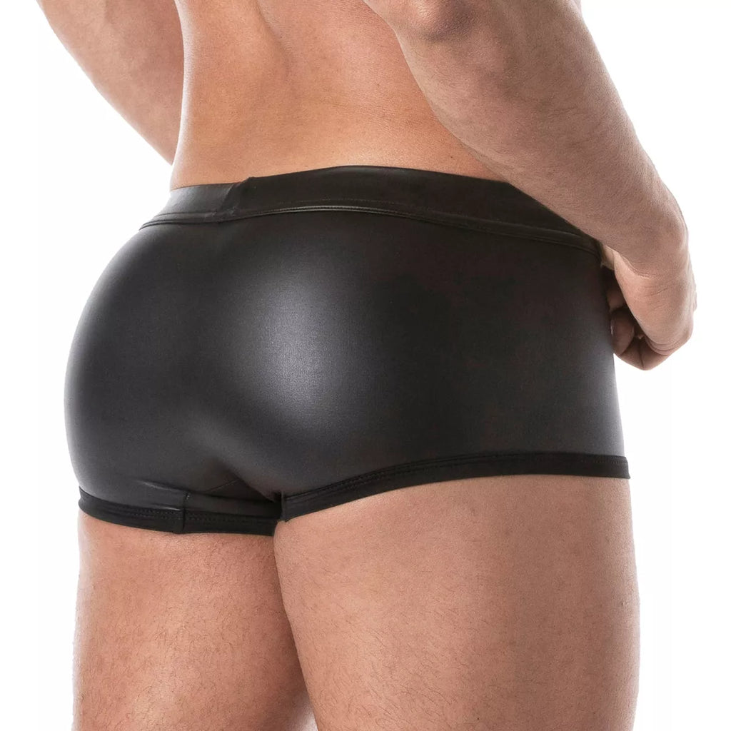 Black glossy faux leather fetish swim trunks with a sleek form-fitting design for swimwear and beachwear use