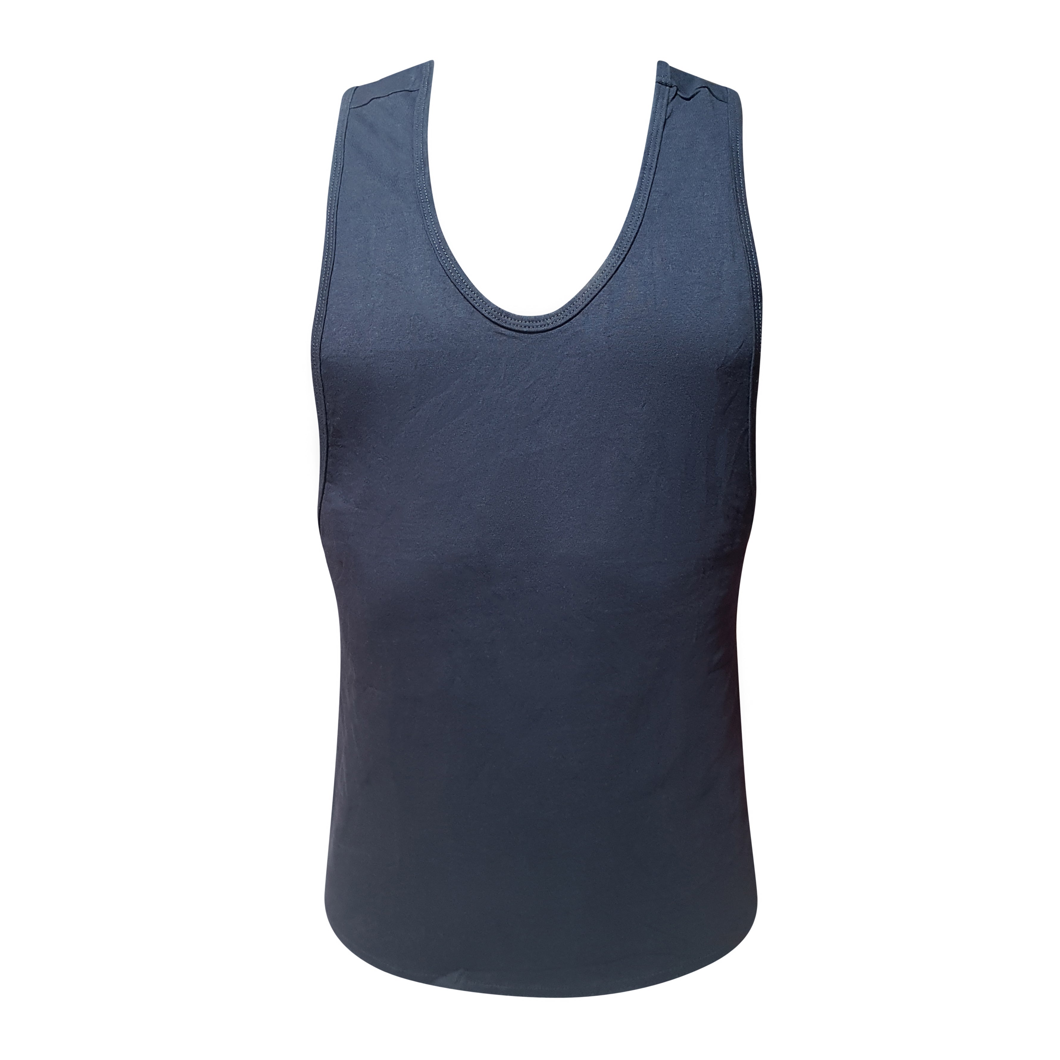 Dark navy blue sleeveless fizx tank top with rounded neckline and ribbed trim for casual wear