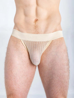 Full Kit Gear Captivity Jockstrap Underwear in champagne mesh with a wide elastic waistband.