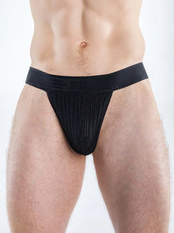 Black mesh thong underwear featuring a wide elastic waistband with the brand logo.
