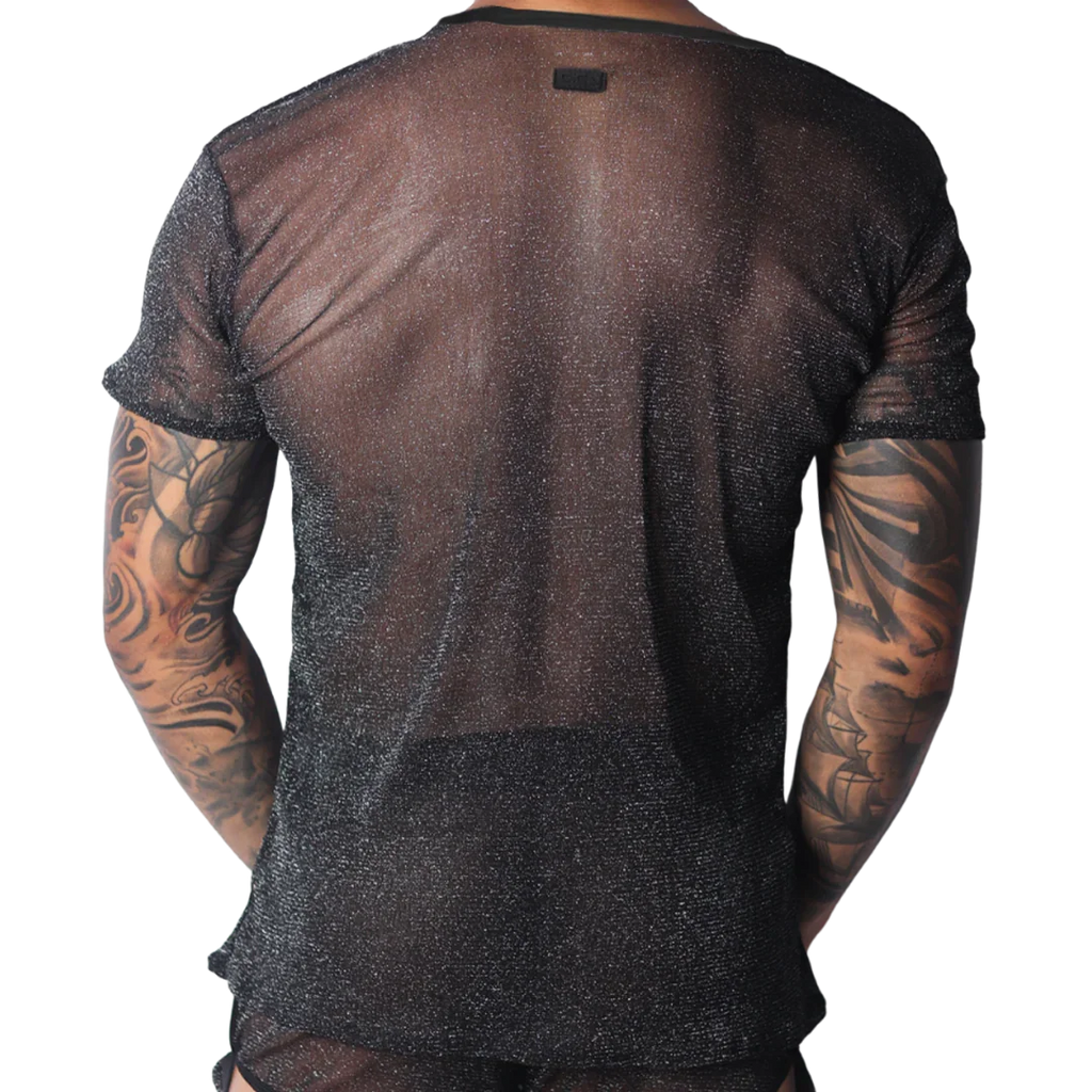 Black semi-sheer, metallic short-sleeve T-shirt with a lightweight, glittery knit texture.
