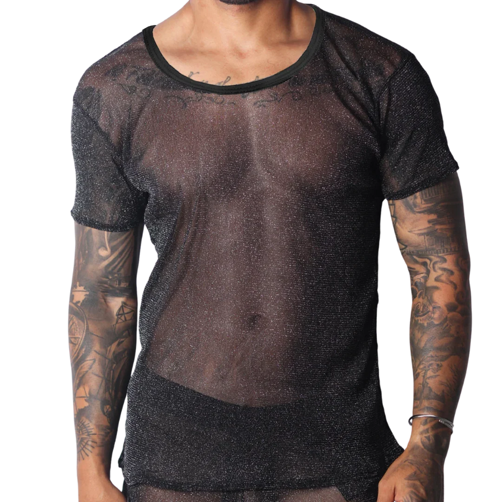 Black sheer scoop-neck T-shirt in a shimmering, fine-knit metallic fabric.