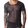 Black sheer scoop-neck T-shirt in a shimmering, fine-knit metallic fabric.