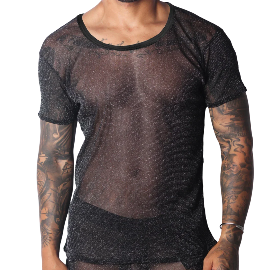 Black sheer scoop-neck T-shirt in a shimmering, fine-knit metallic fabric.