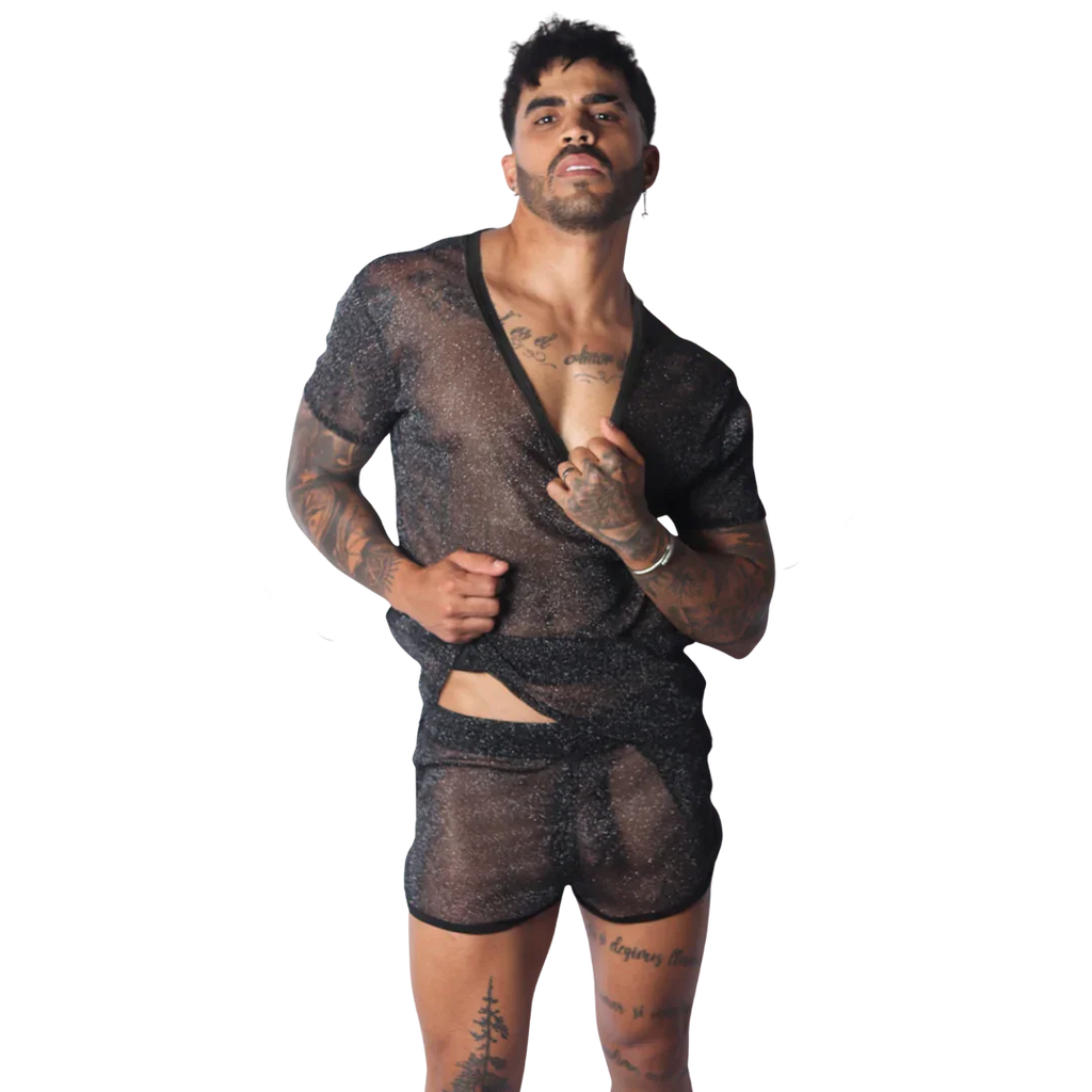 Black sheer, mesh-style short-sleeve T-shirt with a deep V-neck and subtle glittery, textured finish.