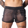 Sheer black metallic glitter shorts with a comfortable elastic waistband and black hem trim.