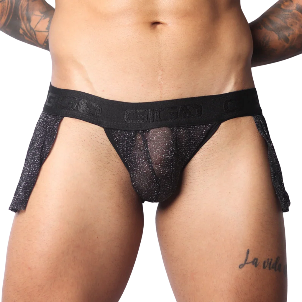 Black metallic shimmer mesh Gigo skirt with a wide branded elastic waistband and open sides.