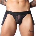 Black metallic shimmer mesh Gigo skirt with a wide branded elastic waistband and open sides.