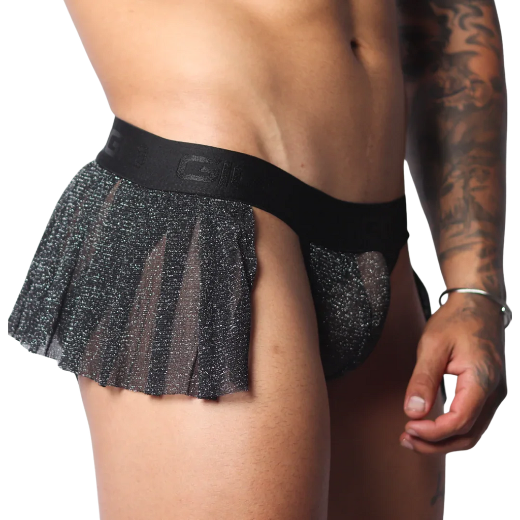 Black glittery sheer pleated mini skirt with a branded elastic waistband on a Gigo jockstrap base.
