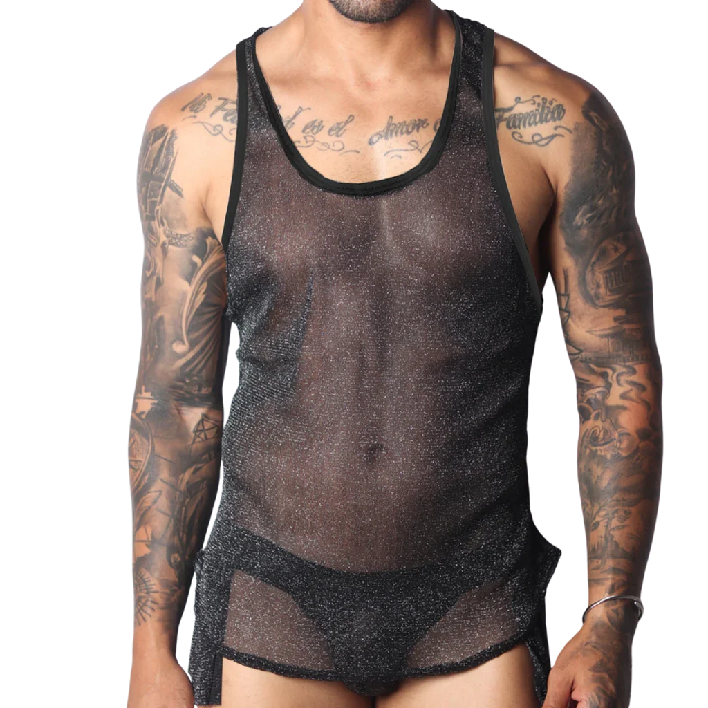 Black semi-sheer mesh tank top with a subtle glitter finish and solid black trim, worn over matching briefs.