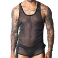 Black semi-sheer mesh tank top with a subtle glitter finish and solid black trim, worn over matching briefs.