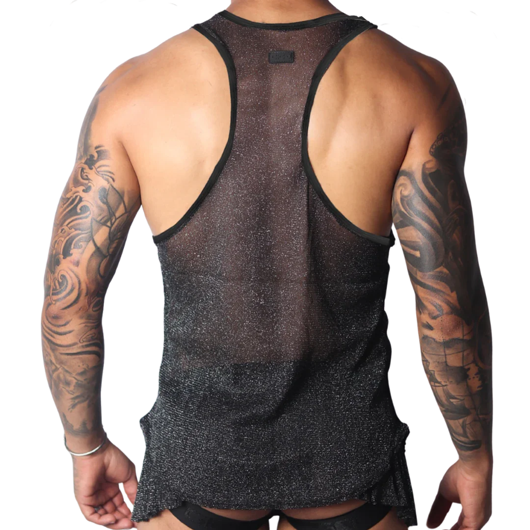 Black racerback tank top in semi-sheer, shimmery metallic mesh fabric with black trim.
