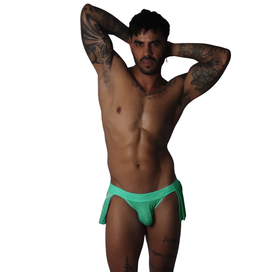 Flash green Gigo skirt with a glittery fabric finish and a logo-embossed waistband.