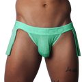 Flash green glittery athletic jockstrap with a branded waistband and detached side skirt panels.
