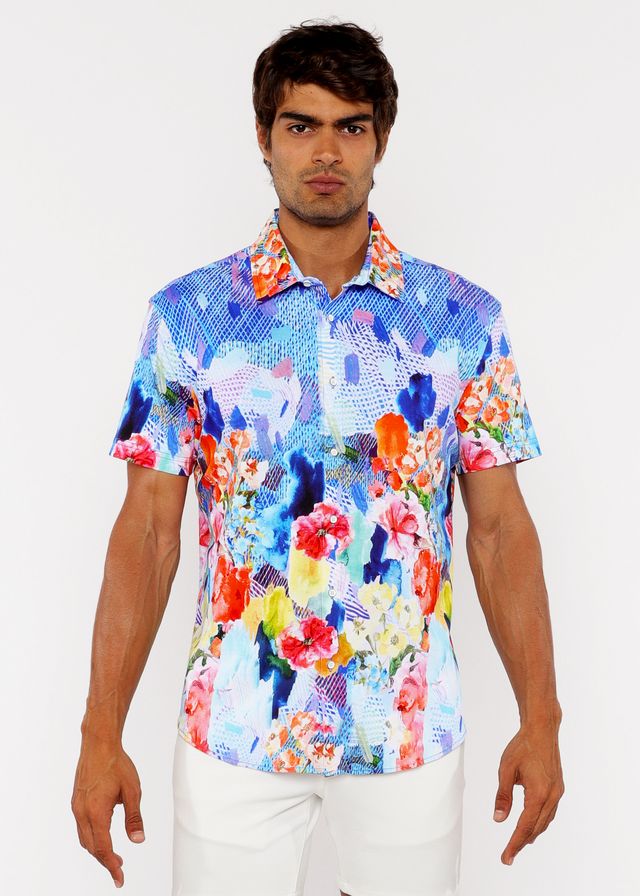 Vibrant short-sleeved floral abstract s s woven modal shirt with bold blue red orange and yellow pattern
