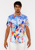 Vibrant short-sleeved floral abstract s s woven modal shirt with bold blue red orange and yellow pattern