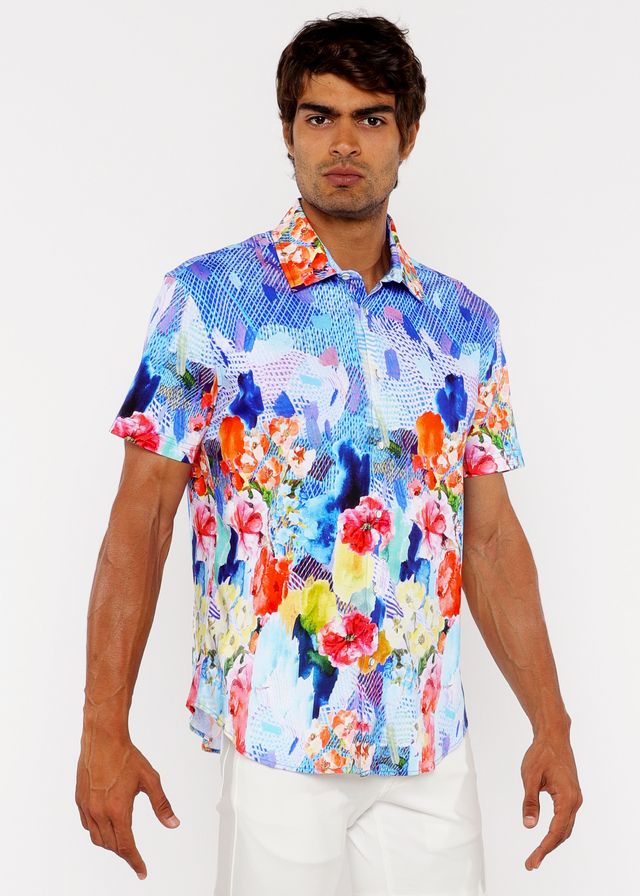 Vibrant short-sleeved floral abstract s s woven modal border shirt in blue pink orange and yellow on light background